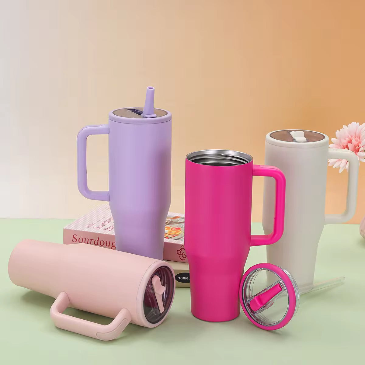 Tumbler, Mug 40 Oz Handle and Nozzle Straw Lid, Insulated Reusable Stainless Steel Travel Mug Keeps Drinks Cold up to 34 Hours