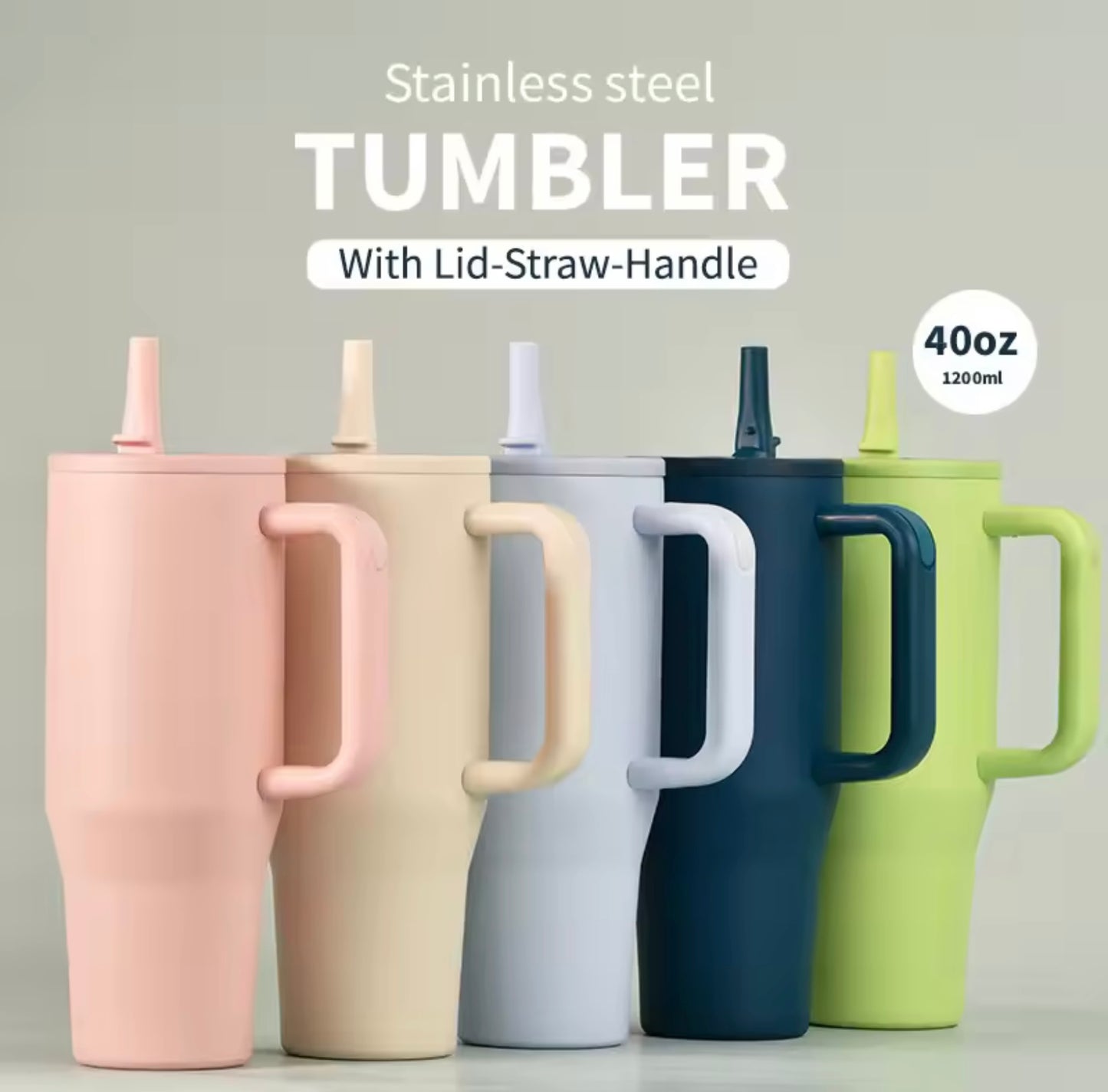 Tumbler, Mug 40 Oz Handle and Nozzle Straw Lid, Insulated Reusable Stainless Steel Travel Mug Keeps Drinks Cold up to 34 Hours