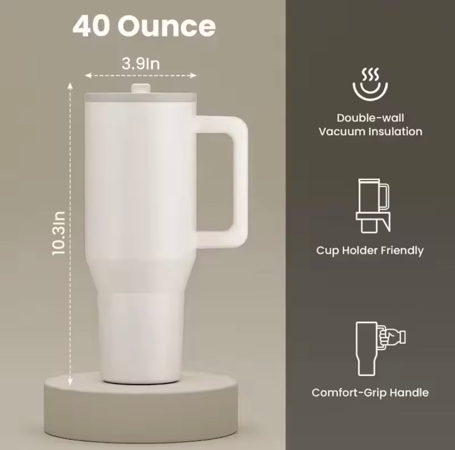 Tumbler, Mug 40 Oz Handle and Nozzle Straw Lid, Insulated Reusable Stainless Steel Travel Mug Keeps Drinks Cold up to 34 Hours