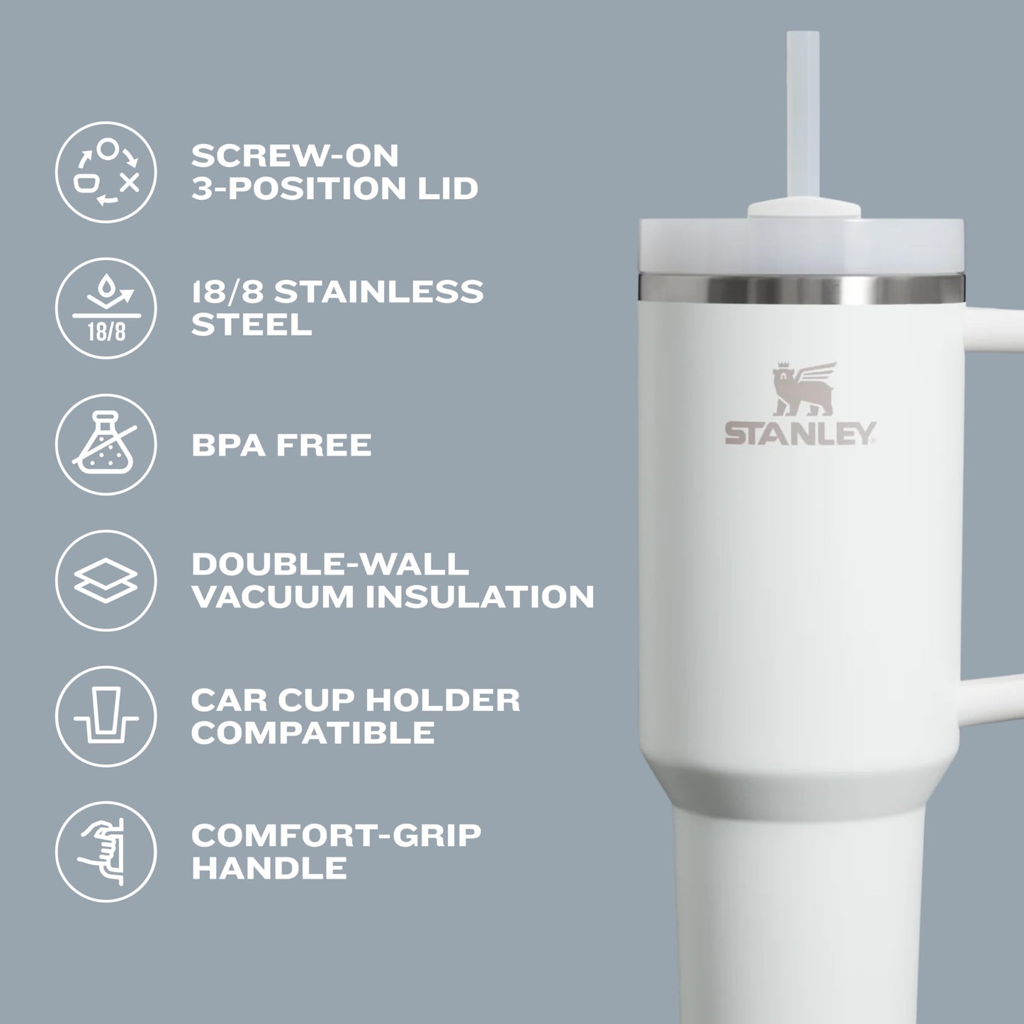 Premium Stanley-Quencher H2.0 Flowstate Stainless Steel 40 OZ Vacuum Insulated Cup, Tumbler, Mug with Lid -Stainless Steel - BPA free
