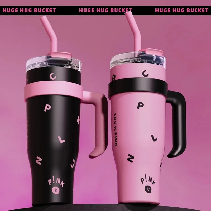 1200ml Pink Letters Insulated Tumbler with Handle & Straw