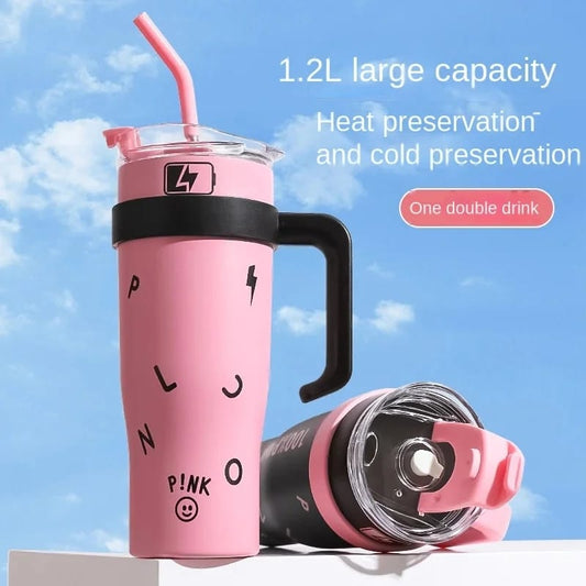 1200ml Pink Letters Insulated Tumbler with Handle & Straw