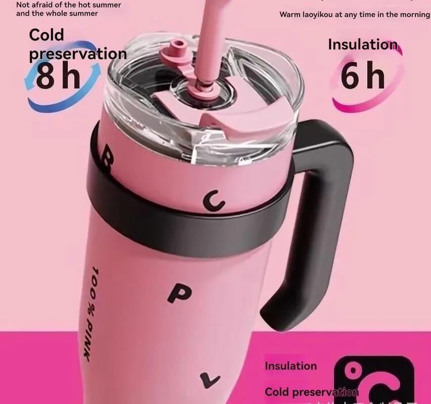 1200ml Pink Letters Insulated Tumbler with Handle & Straw