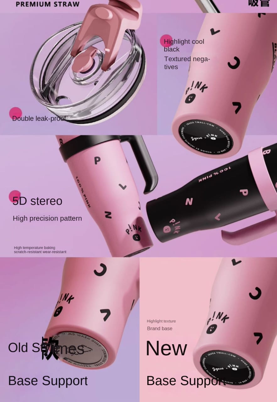 1200ml Pink Letters Insulated Tumbler with Handle & Straw